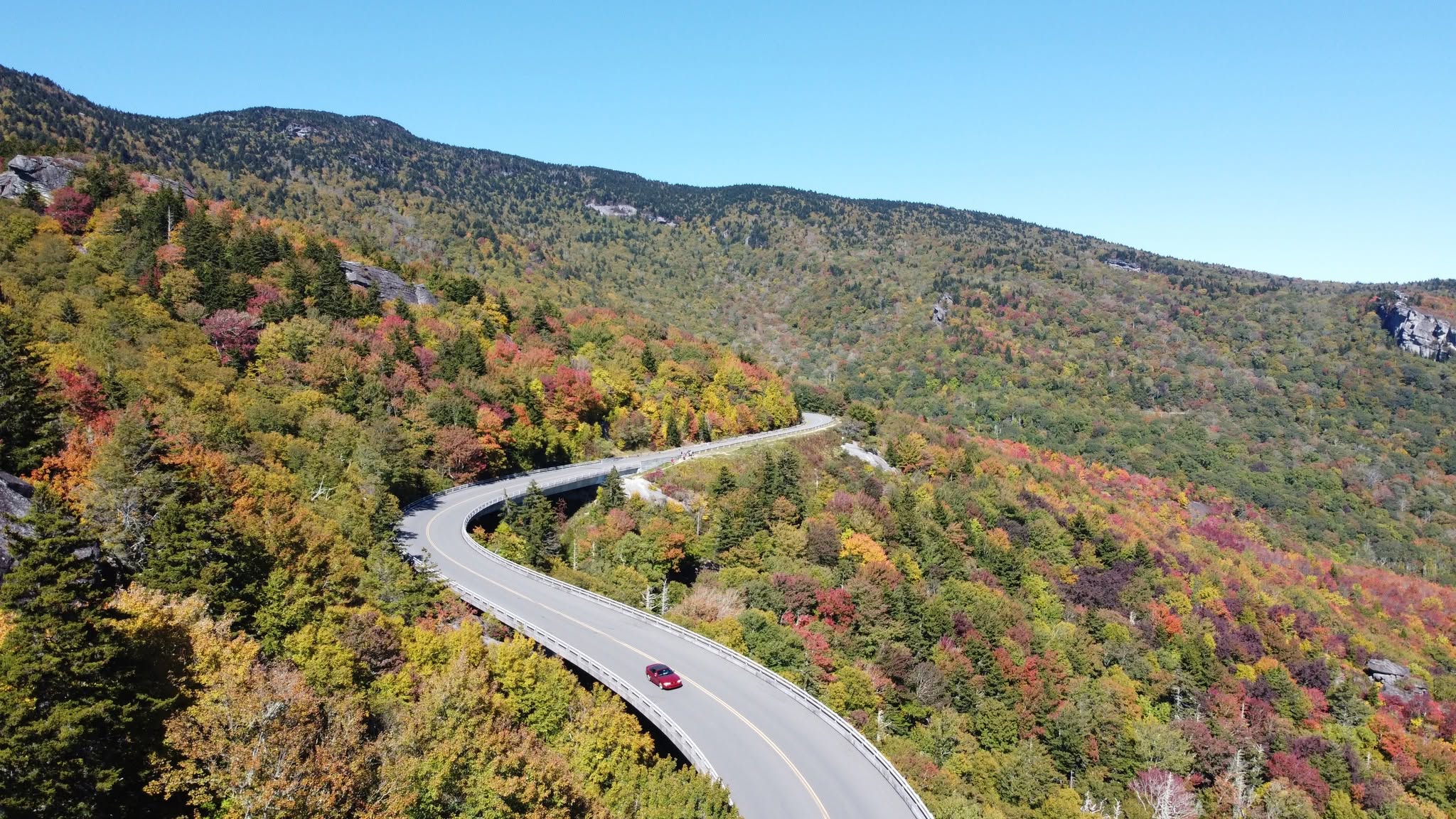 A winding road seen from above among autumn trees