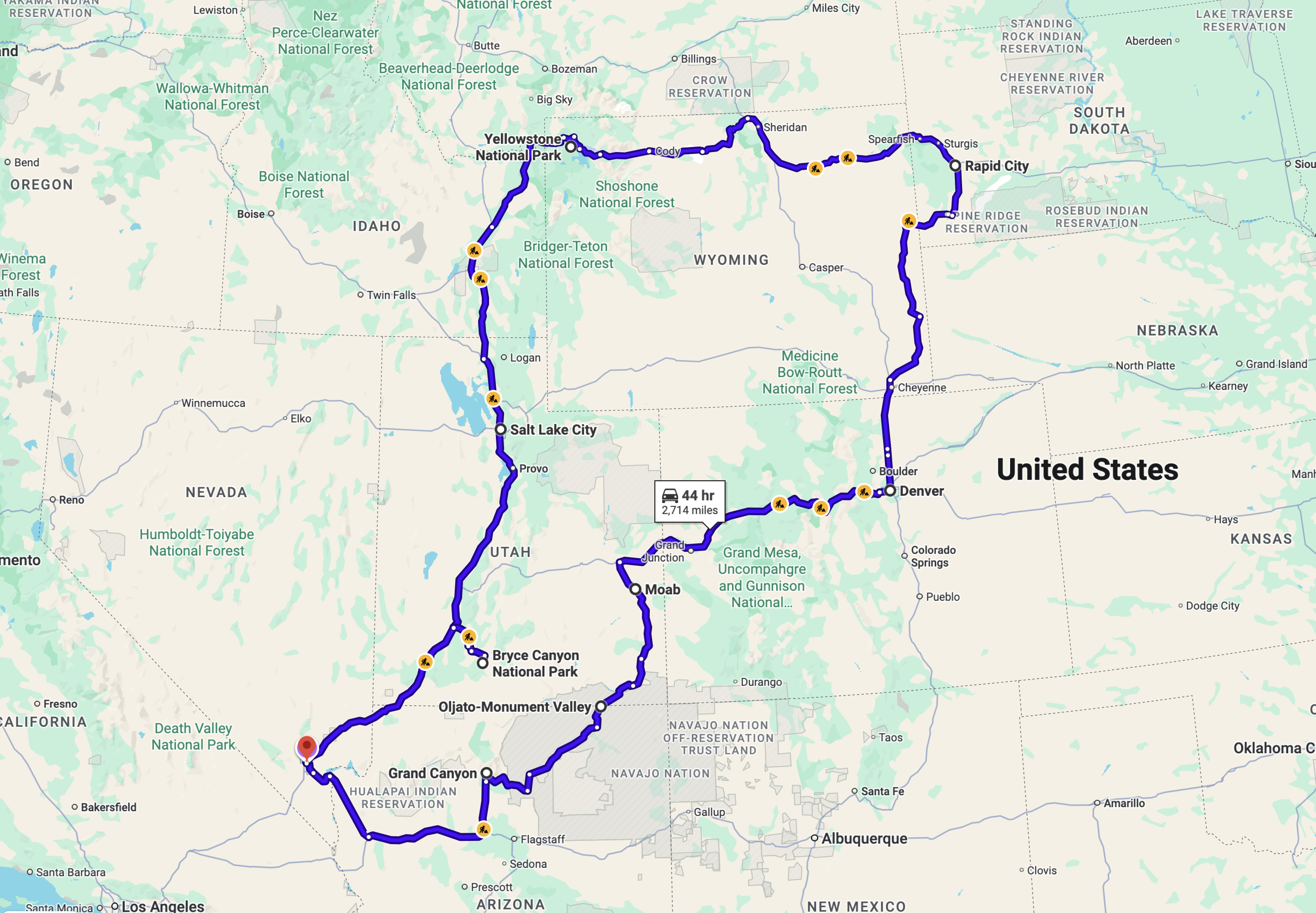 Great West Loop USA road trip map
