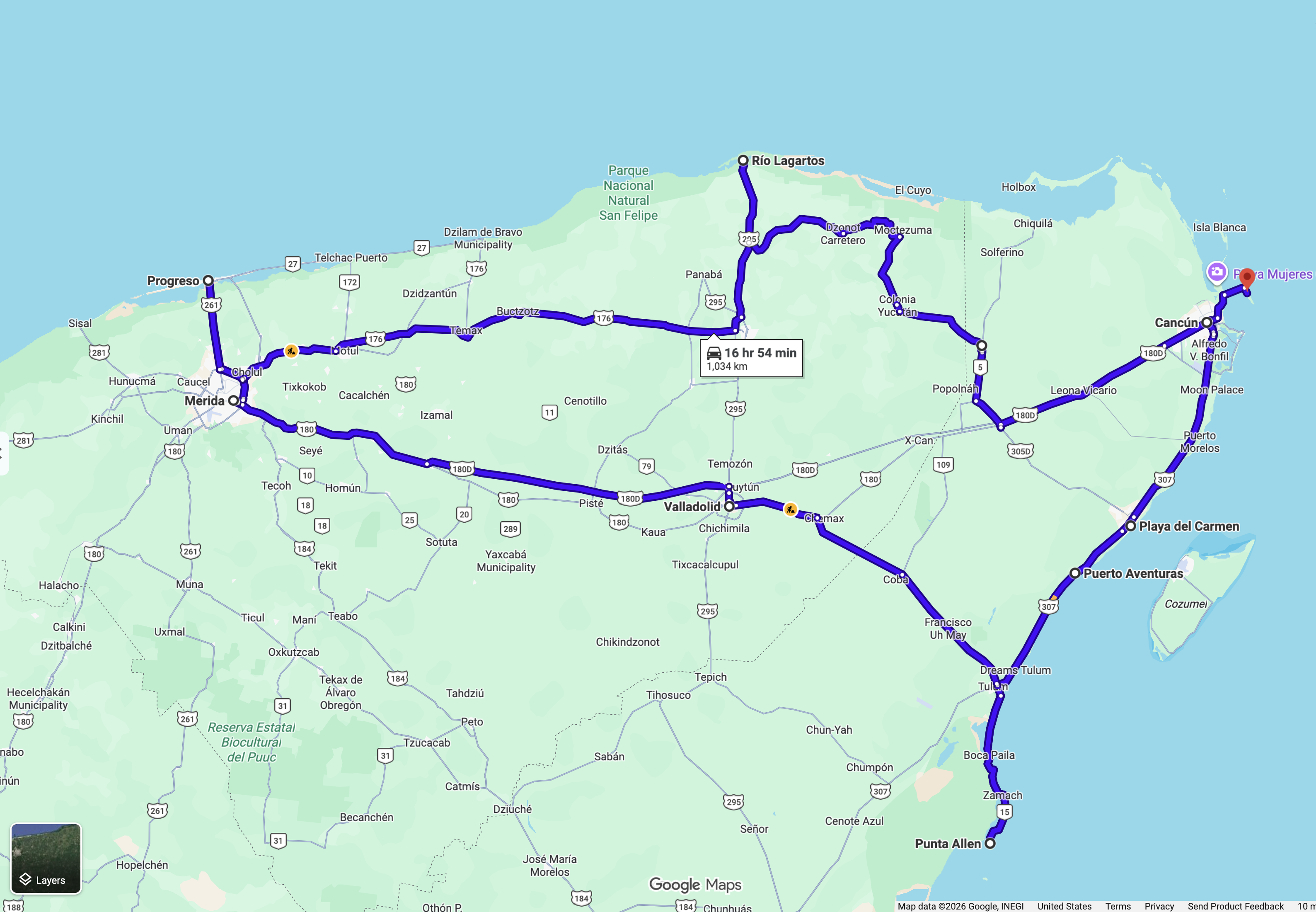 Yucatán Peninsula · Mexico road trip map